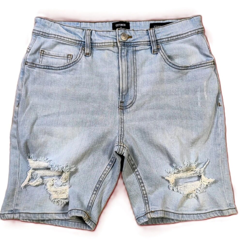 Cotton On Men’s Straight Distressed Denim Shorts Size 30 Light Wash Recycled